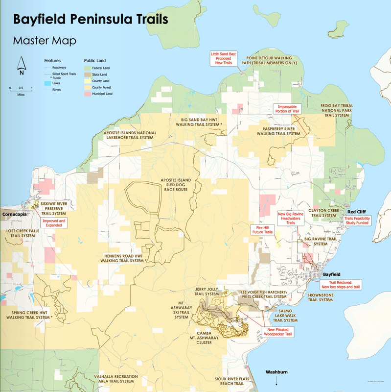 Map showing all trail projects currently happening on the Bayfield Peninsula