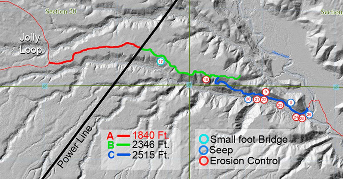 Map showing the Pikes Creek to Ashwabay trail. Starts on right at Pikes Creek. Ends on the left at the Jerry Jolly trail system.