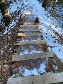Ice covered wood/dirt stairs on a steep incline.